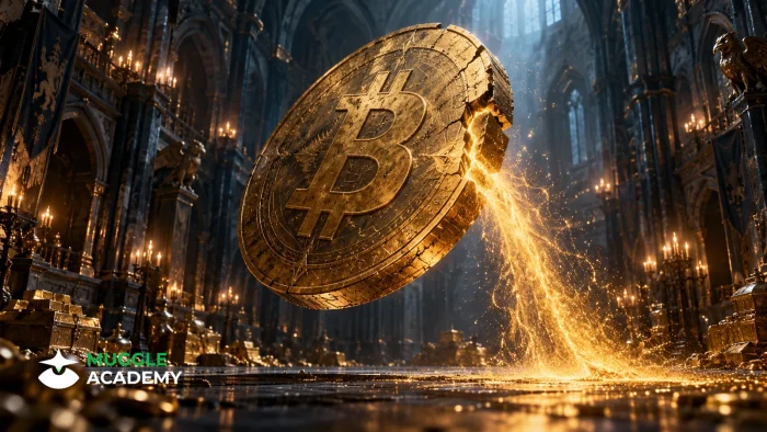 Golden Bitcoin artifact tilting and leaking amber energy in a candlelit gothic treasury hall
