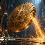 Golden Bitcoin artifact tilting and leaking amber energy in a candlelit gothic treasury hall
