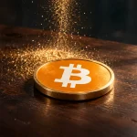 Minh họa dự kiến: huy chương đồng in logo Bitcoin nằm phẳng trên bàn gỗ, tượng trưng cho tài sản bị định giá lại.