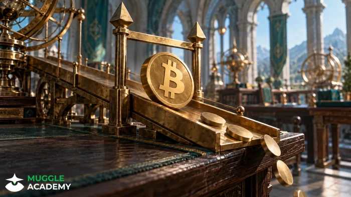 Minh họa dự kiến theo phong cách học viện phép thuật: một đồng xu Bitcoin trượt qua ngưỡng đồng thau trong đài quan sát, gợi đợt giá giảm được báo cáo.