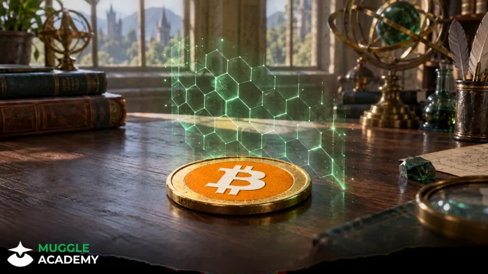 Minh họa dự kiến: huy chương đồng in logo Bitcoin nằm phẳng trên bàn, trước lưới lục giác ánh sáng xanh lơ lửng.