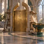 Magical academy observatory: a modest brass doorway under construction beside a finished water basin, calm and unbranded