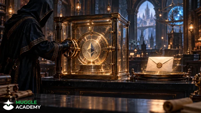 Minh họa học viện ma thuật: đồng ETH được khóa trong vault trong suốt và một thư tín dụng niêm phong xuất hiện ở khay bên ngoài.