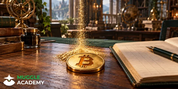 Minh họa dự kiến: huy chương đồng in logo Bitcoin nằm phẳng cạnh sổ kế toán, bụi vàng rơi xuống bàn.