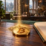 Minh họa dự kiến: huy chương đồng in logo Bitcoin nằm phẳng cạnh sổ kế toán, bụi vàng rơi xuống bàn.
