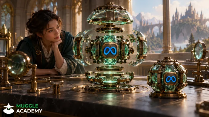 Minh họa học viện phép thuật: lõi mô hình Muse Wonder bằng đồng và kính tự tách thành các lớp để kiểm thử, có inlay biểu tượng Meta.