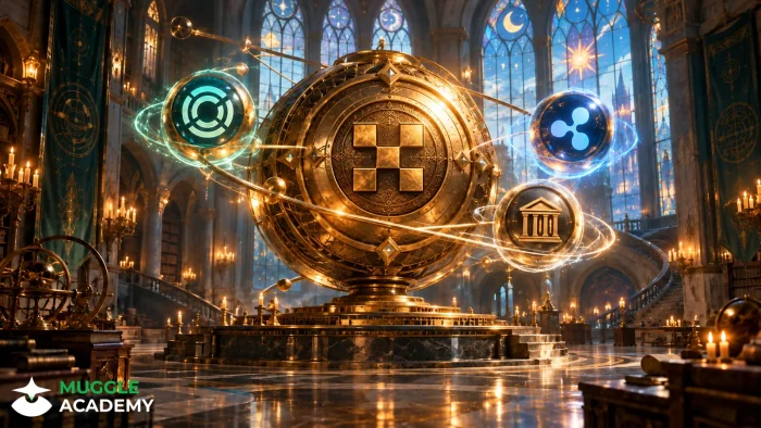 Magical academy scene: OKX vault orb surrounded by Circle, Ripple and Standard Chartered sigils