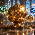 Magical academy scene: OKX vault orb surrounded by Circle, Ripple and Standard Chartered sigils