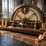 Minh họa phòng thực hành trong học viện phép thuật: một cỗ máy định giá bằng đồng có đòn bẩy nhỏ tự gạt kim giá, khiến một chồng ô lệnh đồng trên bàn gỗ đổ sập một phần.