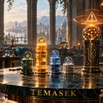 Illustrated observatory reading room: abstract allocation tokens on a marble table under an amber caution glow