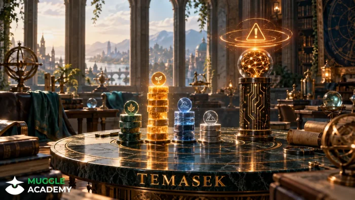 Illustrated observatory reading room: abstract allocation tokens on a marble table under an amber caution glow