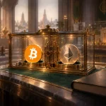 Minh họa học viện phép thuật: hai huy chương BTC và ETH tự đặt vào hộp lưu ký kính trên mô hình sàn, chưa mở giao dịch.