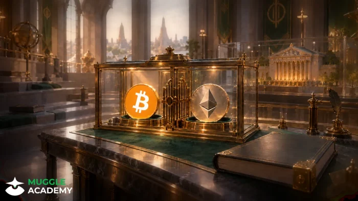 Minh họa học viện phép thuật: hai huy chương BTC và ETH tự đặt vào hộp lưu ký kính trên mô hình sàn, chưa mở giao dịch.