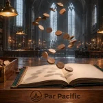 Illustrated academy records hall: blank tokens floating above an open ledger under hanging brass lamps