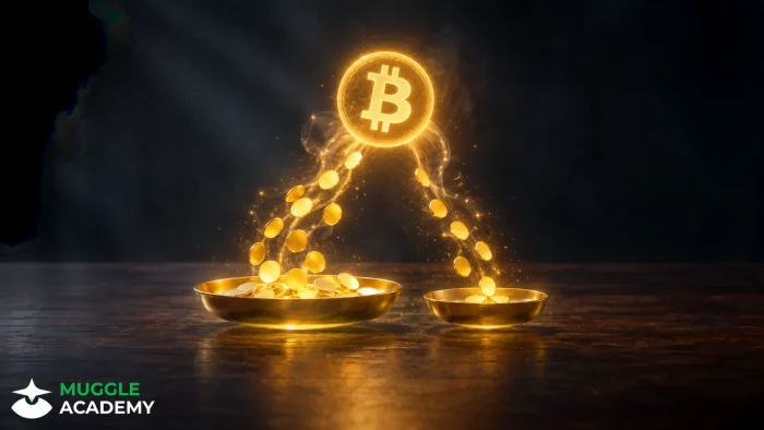 Minh họa Bitcoin phát sáng trên bàn gỗ, chia hai dòng đồng xu tới hai khay vàng có kích thước khác nhau.