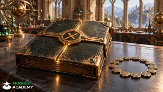 Minh họa học viện phép thuật: sổ cái đồng gắn biểu tượng XRP đang khép đường nứt nhỏ trên bàn nghiên cứu, không mô tả sự kiện thật.